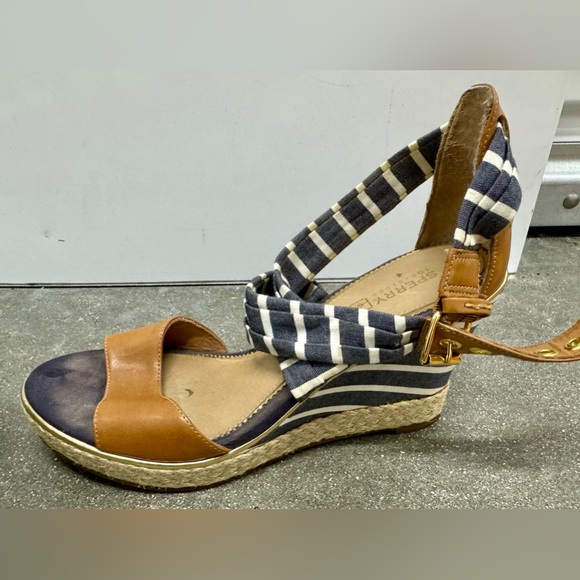 Sperry Top Sider Aurora Blue White Cross Striped Leather Wedge Sandals Size 8 - Picture 9 of 15